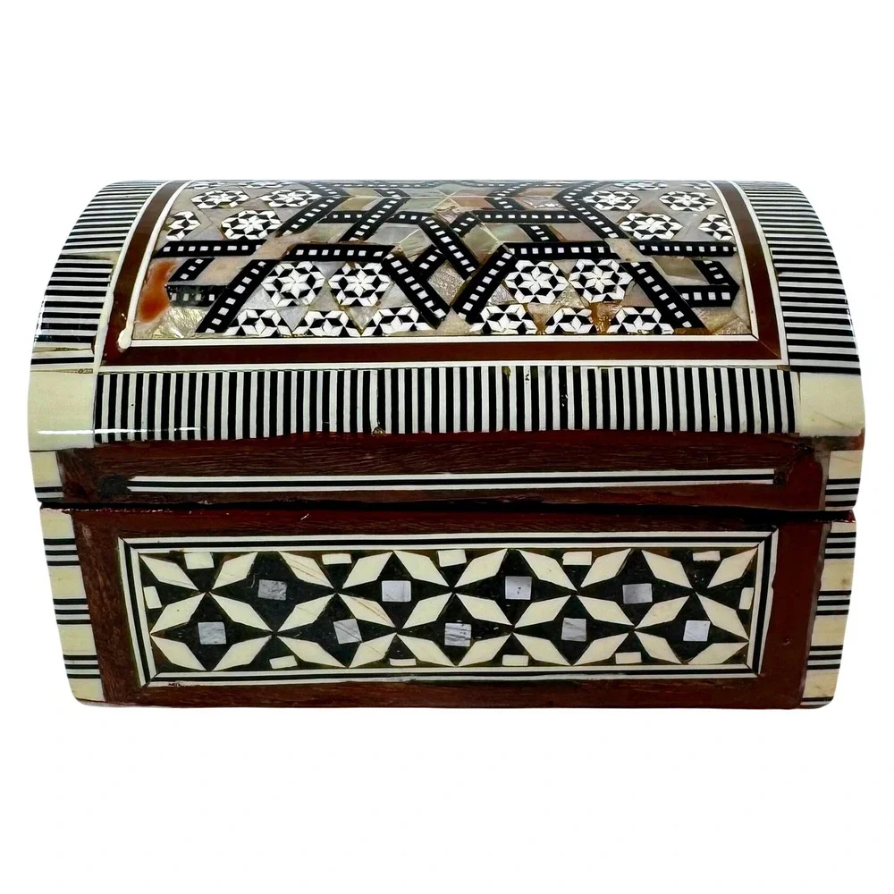 Handmade Mother of Pearl Inlay Wooden Jewelry Box Domed Mosaic Trinket Box NICE